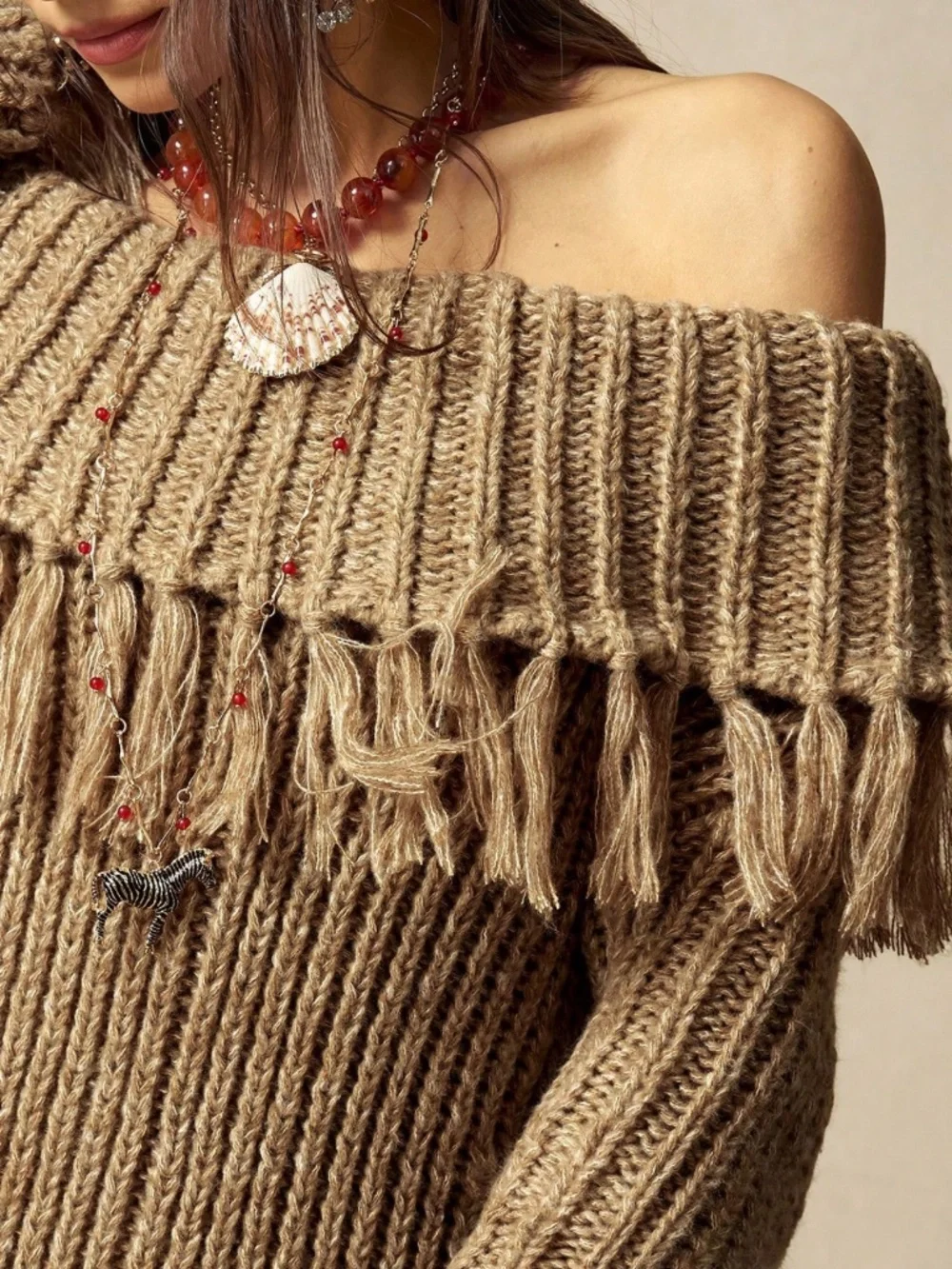 Classic Off Shoulder Foldover Fringe Detail Knit Sweater Top - Picture 7 of 8